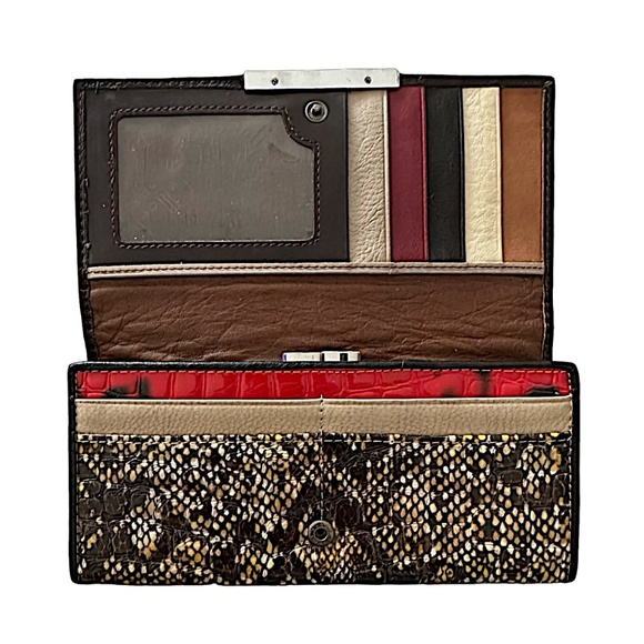 TEMANLI Patent Leather Bifold Wallet Brown Logo Snake Print - Picture 5 of 8